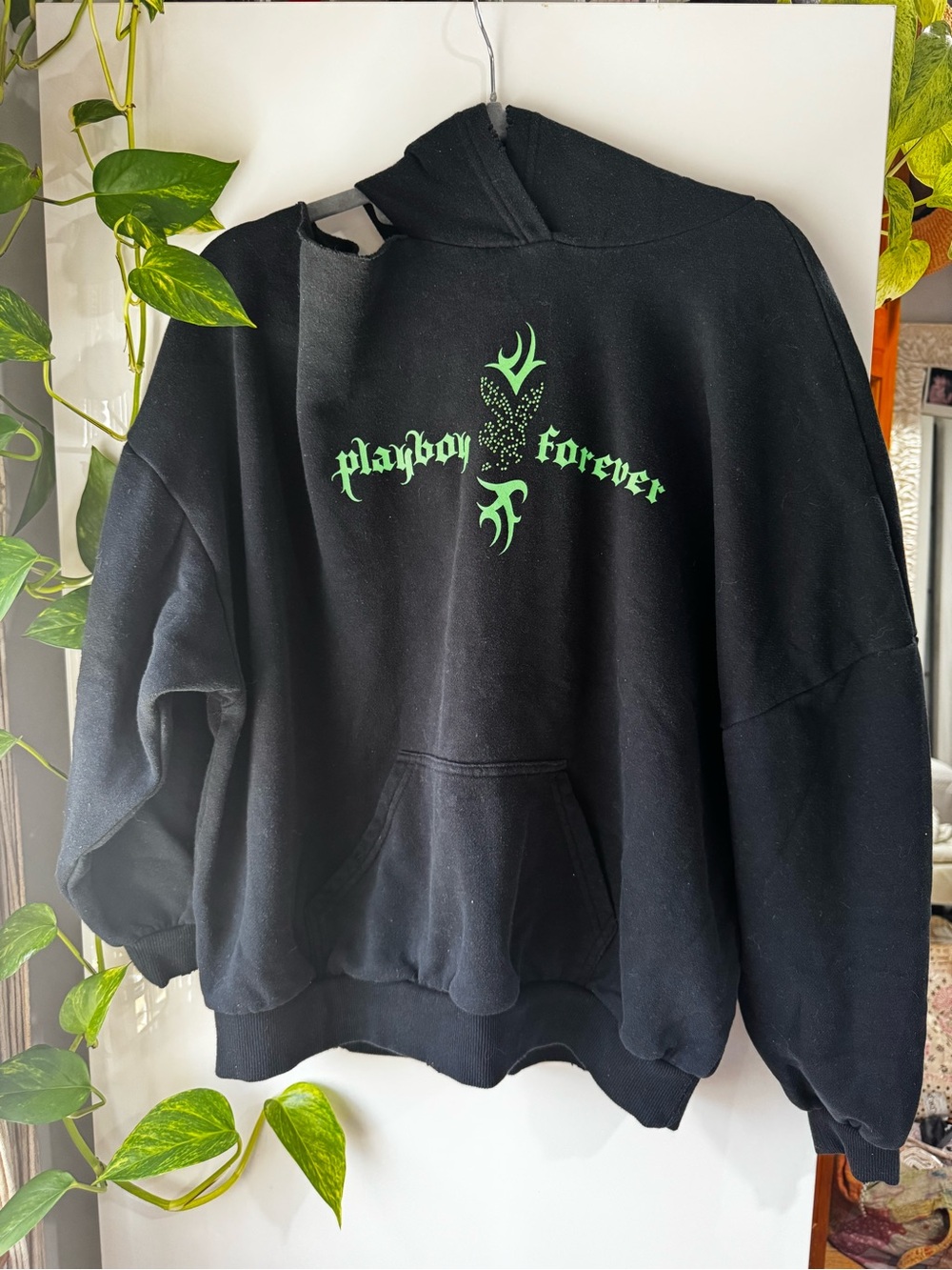 PLAYBOY Black Crewneck Sweatshirt with Neon Green Graphic